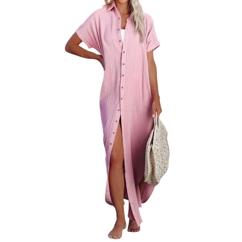 Dokotoo Women's Small Pink Long Short Sleeve Button Up Collared Swim Cover Up